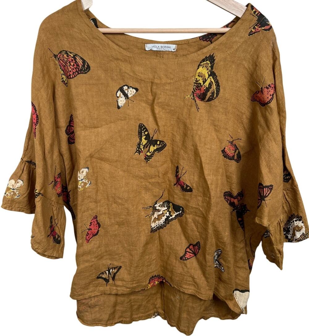 Viola Borchi Linen Caramel Butterfly Top Medium Made in Italy Cottagecore